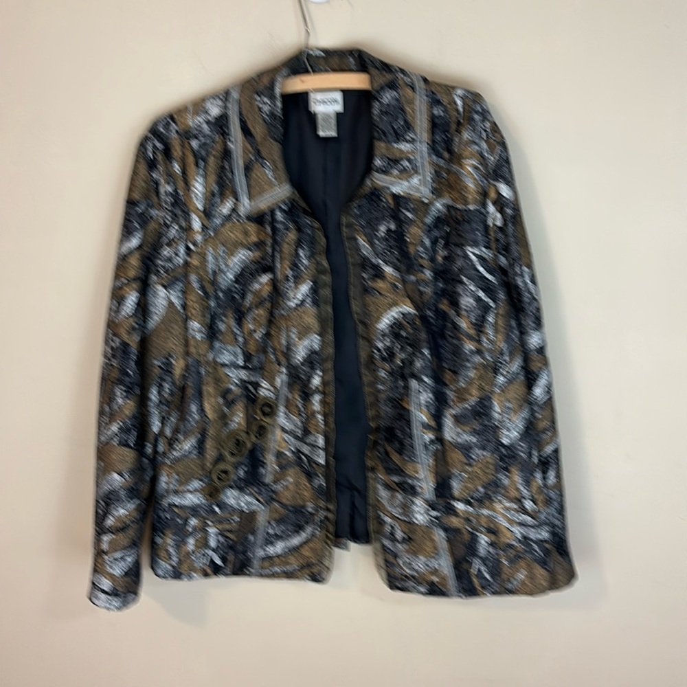 Chicos Wool, Cotton, Silk Blend Blazer Jacket Metallic rosettes size 3 (16)